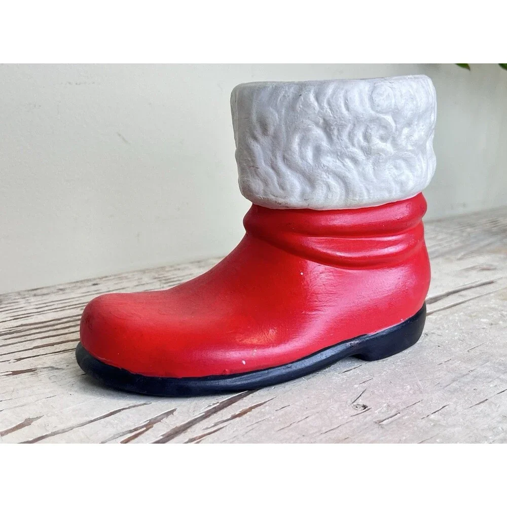 Vintage Hand Painted Ceramic Christmas Santa Boot Candy Cane Holder / Planter
